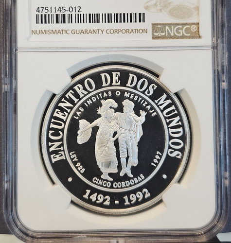 1997 NICARAGUA SILVER 5 CORDOBAS S5C FOLK DANCERS NGC PF 70 ULTRA CAMEO RARE - Picture 3 of 3