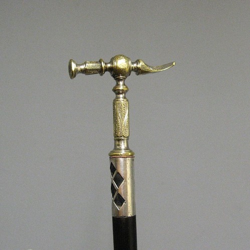 Antique Silver Plated Brass Walking Cane Hammer Pommel Engraved C. Baudoux 19thC - Picture 2 of 8