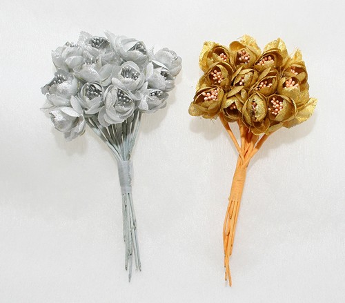 144 FIORELLINI ORO/ARGENTO CON PISTILLI E FOGLIE PER BOMBONIERE FAI DA TE NOZZE - Imagen 1 de 2