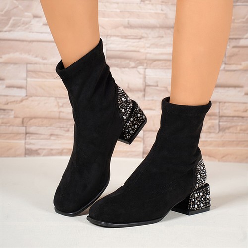 Damen Stiefeletten Strass Dekor Runde Spitze Blockabsatz Mode Schlupfstiefel - Bild 4 von 10