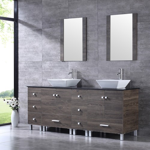 72" Bathroom Vanity Double Sink Cabinet Ceramic Sink Combo w/Mirror Freestanding - Picture 20 of 40