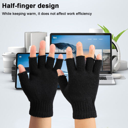 Knitted Thermal Fingerless Gloves Warm Winter Half Finger Gloves for Men Womens - Picture 2 of 14