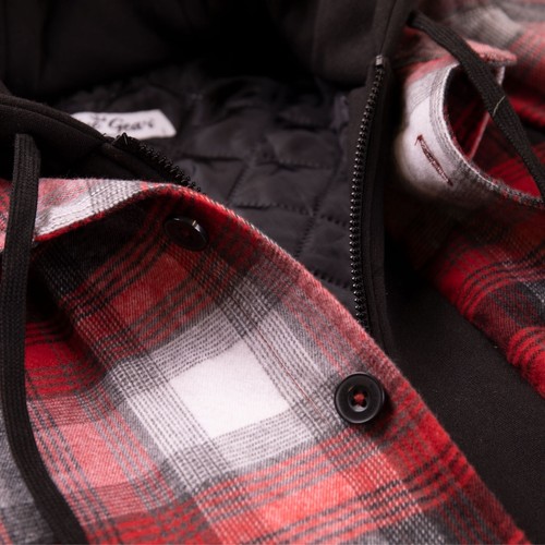 Chaqueta de franela con capucha polar abotonada a cuadros con capucha grande y alta para hombre - Imagen 22 de 25