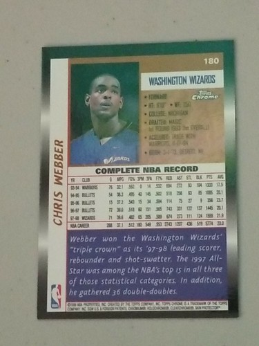 Chris Webber 1998 Topps Chrome #180 Washington Wizard - Picture 2 of 2