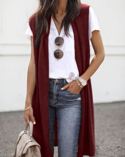 Damen Lange Strickjacke Weste Ärmellos Vorne Offen Tunika Weste Pullover - Bild 16 von 18