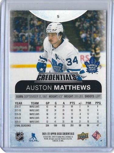 2021-22 Upper Deck Credentials #5 Auston Matthews - Picture 2 of 2