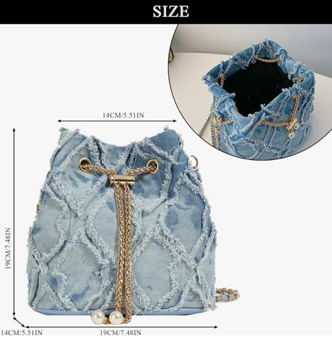 Mini borsa a secchiello vintage denim hobo, borsa a tracolla grunge con frange retrò - Foto 4 di 5