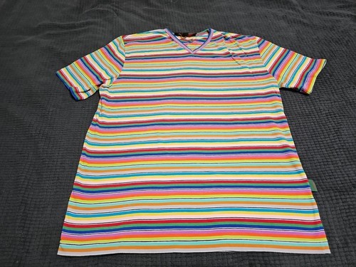 Katharine Hamnett London Vibrant Rainbow Striped V-neck Short Sleeve Shirt SZ L - 第 2/10 張圖片