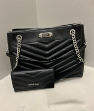 Michael Kors Whitney Medium Chain Strap Tote Bag + Trifold Card Wallet (Black)