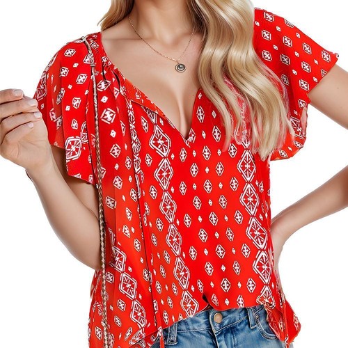 Womens Casual Short Sleeve Shirts V Neck Blouses Drawstring Ruffled Boho T Shirt - Picture 8 of 13