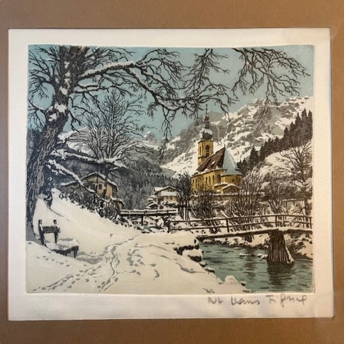 2 Hans Figura Bayerische Alpen 13x11” & 7x7” Seide Original Radierungen Nachlass signiert - Bild 4 von 20