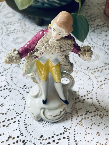 Vtg Hand Painted Porcelain Figurine Man Applied Lace Coat Victorian Style Japan - Picture 2 of 10