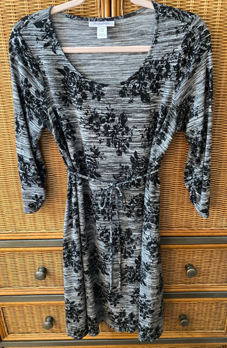 MOTHERHOOD MATERNITY GRAY BLACK FLORAL DRESS WOMENS SZ M 3/4 SLEEVE MATERNITY - Picture 1 of 11