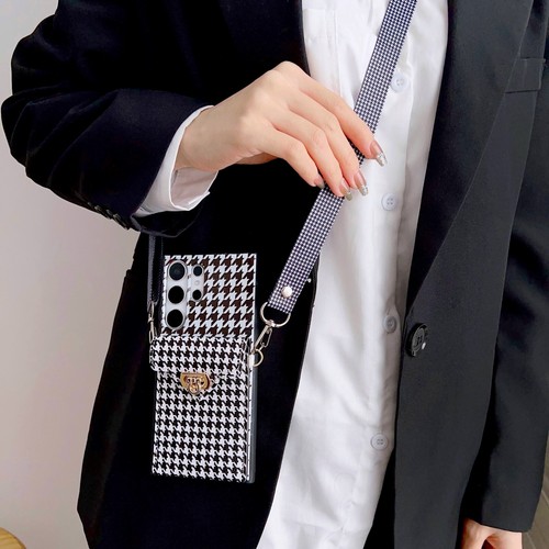 For iPhone Samsung Houndstooth Crossbody Card Holder Lock Wallet Case Cover - Picture 7 of 11