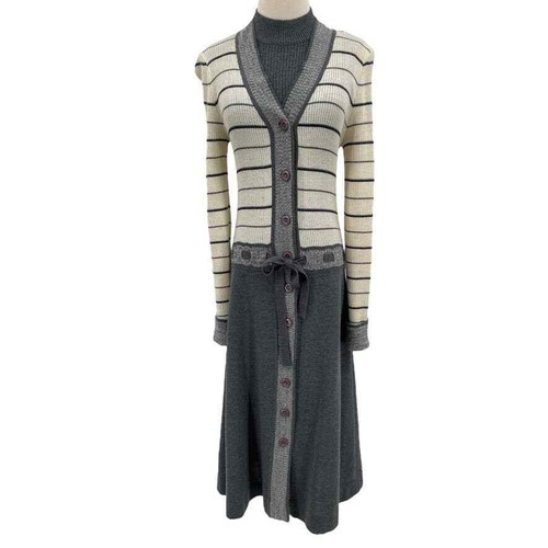 Vintage 90s Cream and Gray Cardigan Sweater Set Long Sleeveless Top Its Rich S M - Picture 13 of 13