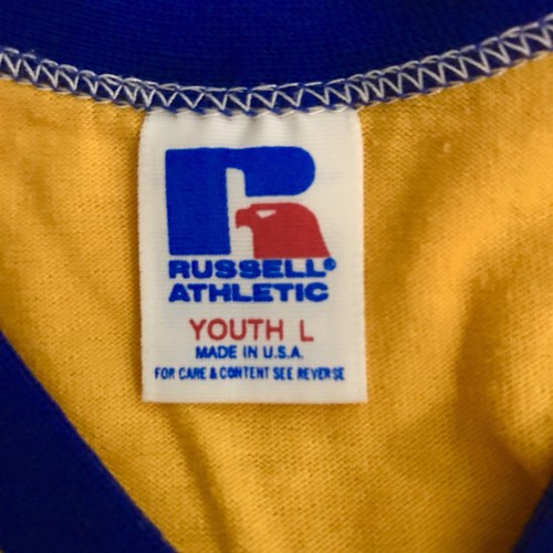Vintage Wolverines Ringer T Shirt Youth Large Yellow Blue V Neck Russell USA - Picture 10 of 11