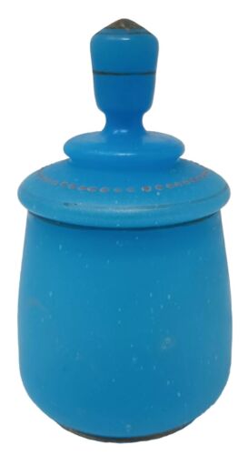 Antique Vintage French Blue Opaline Satin Glass Lidded Jar Vanity Gold Flower - Picture 3 of 11