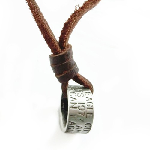 Men's Vintage Alloy Necklace Ring Pendant Genuine Cow Chain Necklace - Picture 3 of 5