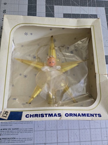 Vintage Retro MCM Yellow White Angel Christmas Tree Topper Gold Star By Decor