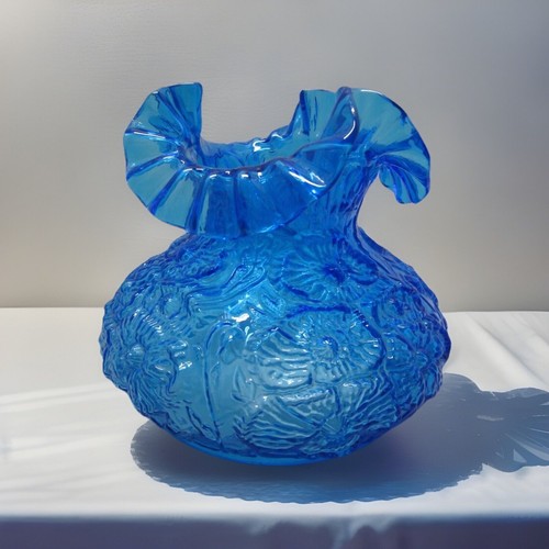 Vintage Fenton Glass Poppy Daisy Ruffle Lamp Globe Shade Colonial Blue - Picture 1 of 11