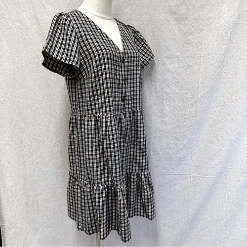 Loft Seersucker Plaid Tiered Swing Short Sleeve Smock Dress Medium Cottagecore - Picture 11 of 16