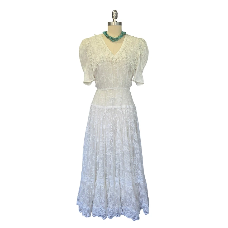 Vestido Gunne Sax Blanco Encaje Midi Talla 4 Vintage Años 80 Eduardiano Romántico Boda Foto 2 de 4
