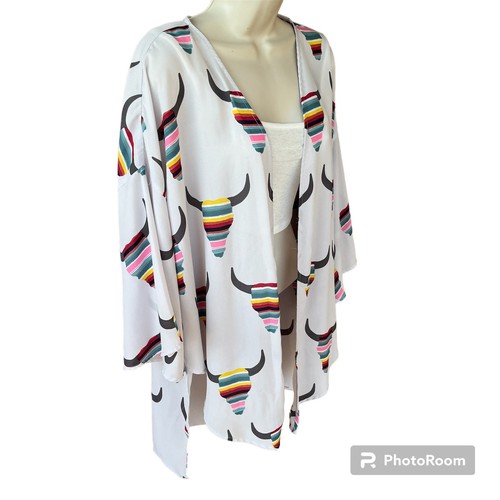 Kimono abierto Peach Love longitud media plumero rayas cabeza de dirección gris claro para mujer L - Imagen 3 de 12