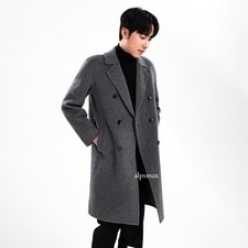 Men's Double Sided Breasted 100 Wool Lapel collar Mid Long Trench Coat Overcoat
