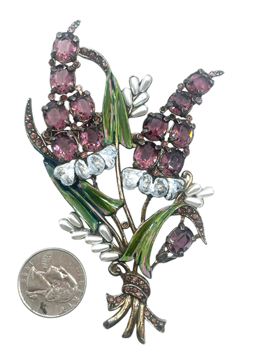 Large Unusual Vintage Figural 2 Flower Brooch, Enameled, Purple Stones - Picture 1 of 2