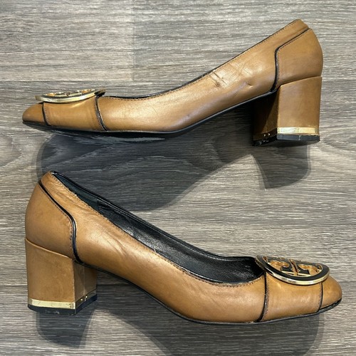 Mocassino Tory Burch donna 9,5 Maddie pelle marrone décolleté tacco a blocco preppy - Foto 3 di 12