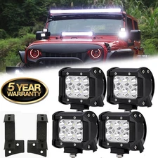 4PCS 4" LED Work Light Fog Pods + Dual Mount Bracket Kit for Jeep Wrangler JK