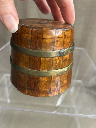 Antique Folk Art Handmade Barrel Primitive Wood Brass Coin Bank NICE! - Picture 5 of 12