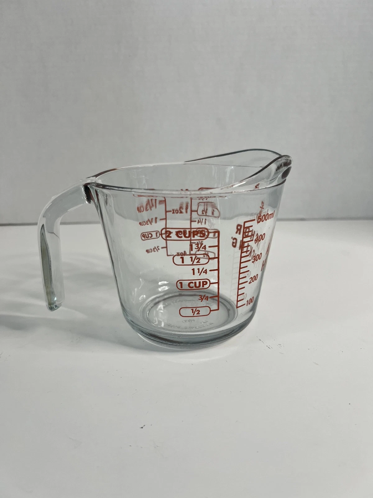 Vtg Anchor Hocking 2 Cup Glass Measuring Cup Standard & Metric Red Print USA