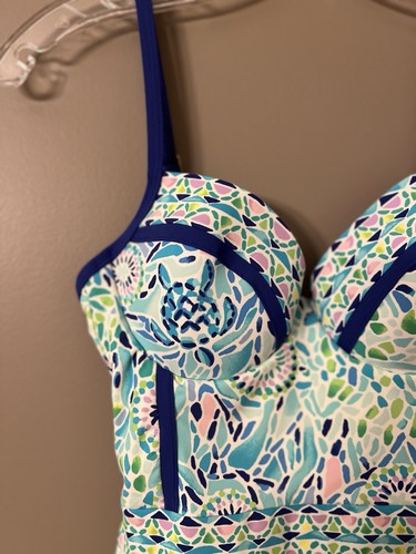 Lilly Pulitzer Azul Ibiza Aguas Abiertas Ingeniería Una Pieza Natación Talla 0 Impecable - Imagen 3 de 7