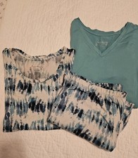 AnyBody Lush Jersey 3 Piece Tee and Tank PJ Set Teal/Tie Dye / Large