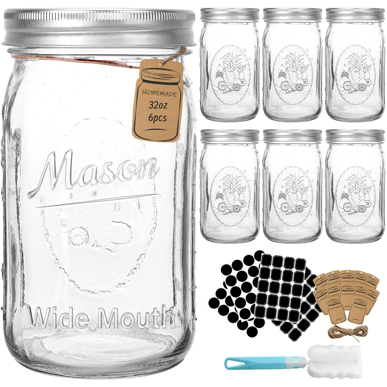 32oz Mason Jars, 6 Pack Large Glass Mason Jar with Metal Airtight Lids and Ba...