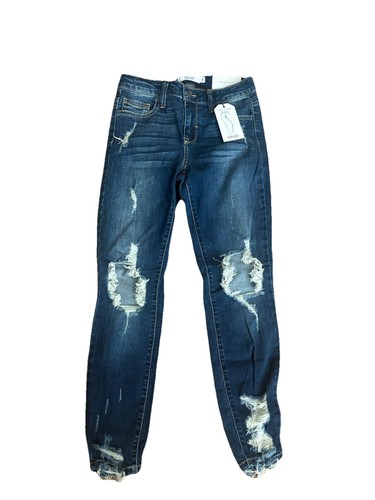 Cello Women's Cropped Skinny Jeans Mid Rise Distressed Ripped Dark Blue Size 5 - Picture 1 of 7