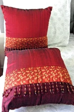 Beaded burgundy Pillow Set 15" Sq,  2 Burgundy & Gold Pillows with Zipper.