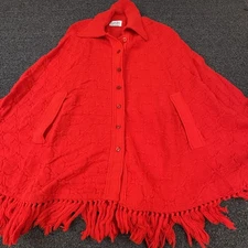 Cuddle Knit Cape Womens One Size Red Knit Button Fringe Poncho Shawl Wrap