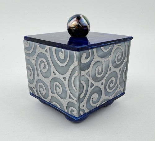 Mark Lewanski Kunst Glas Box Kerl Unikat Schmuck Spiegel Marmor 2005 blau Wirbel - Bild 1 von 13