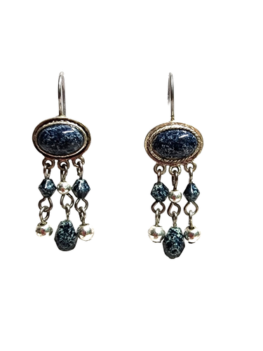 Vintage blau gesprenkelter dendritischer Achat & silberfarbene ovale Perlen Ohrhänger - Bild 11 von 24