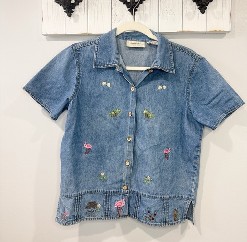 LEMON GRASS Flamingo Beach Embroidered Denim Shirt Vintage Womens Size S EUC