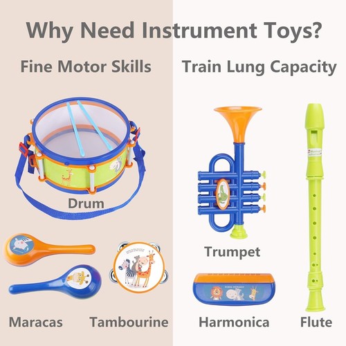 Toddler Musical Instruments Set - Drum, Trumpet, Percussion, Harmonica + More - Picture 2 of 6