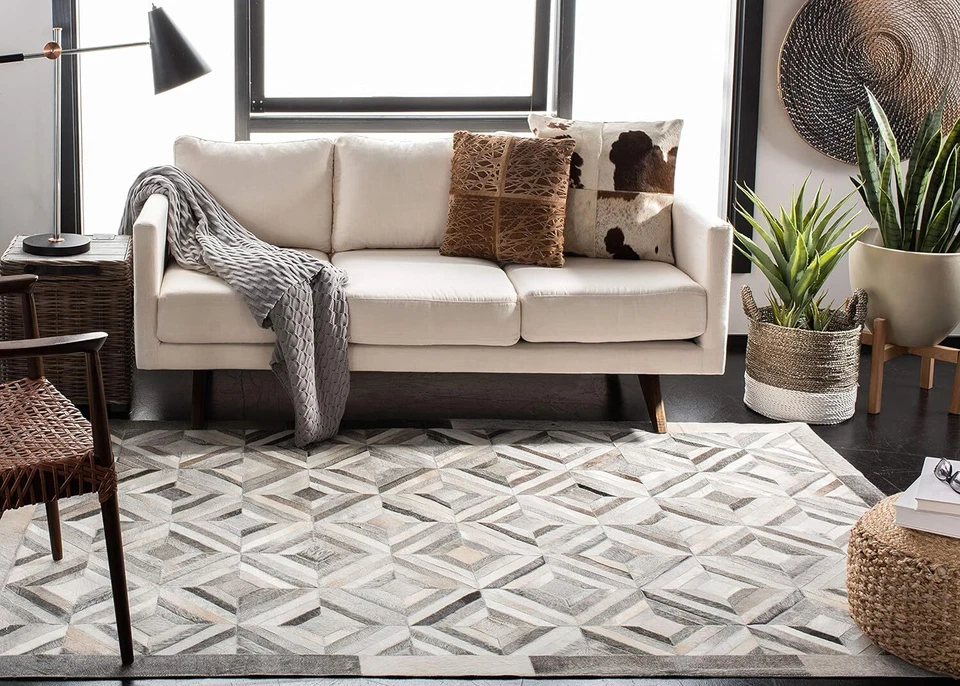 Genuine Cowhide Leather Rug – Handmade Patchwork Cow Skin Grey 8x10 Carpet - Image 2 of 4