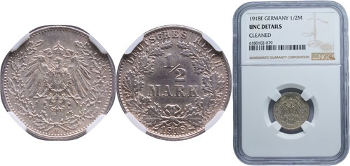 1/2 Mark - 1918 E - Germany - Wilhelm II (type 2 - small shield) - NGC UNC