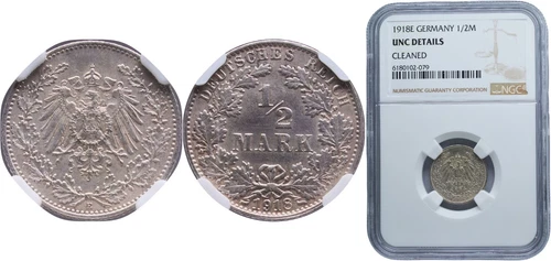 1/2 Mark - 1918 E - Germany - Wilhelm II (type 2 - small shield) - NGC UNC