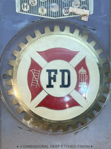 Vintage NOS Metal Car Truck Grille Badge Medallion w/ Fire Department FD Enamel - Picture 2 of 5