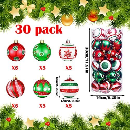 30 Pcs 2.36 Inch Christmas Tree Ball Ornaments Set Red Green Glittering - Picture 3 of 7