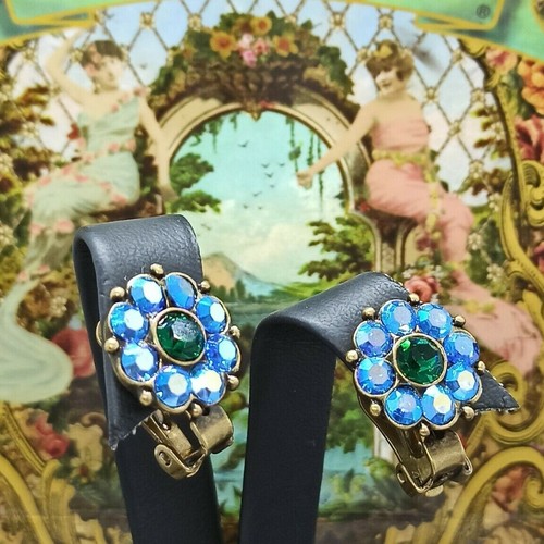 Michal Negrin Clip On Earrings Flowers Made With Blue Swarovski Crystals Gift  - Picture 1 of 12