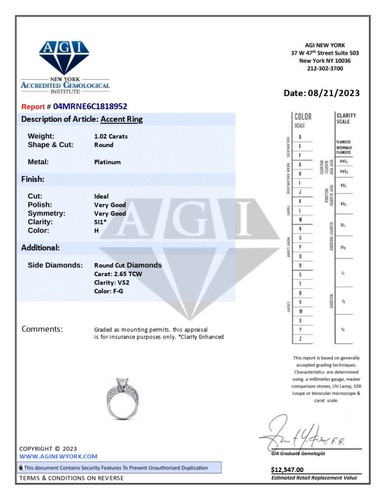 3.67ctw H/SI1 Round Cut Earth Mined Certified Diamonds Platinum Accent Ring - Picture 4 of 6